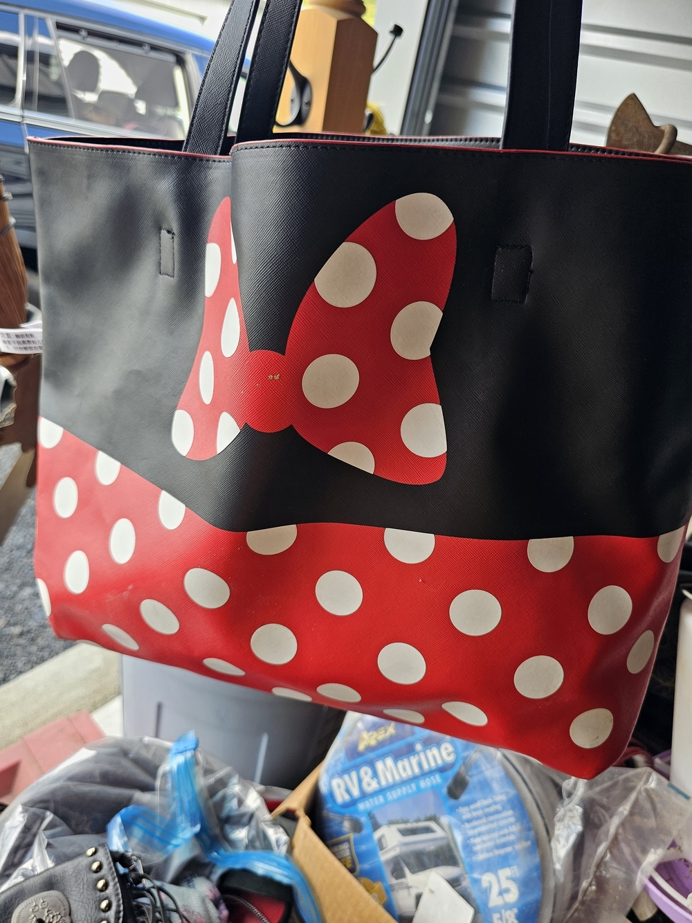 Disney Black Tote with Red Polka Dot Bow Accent